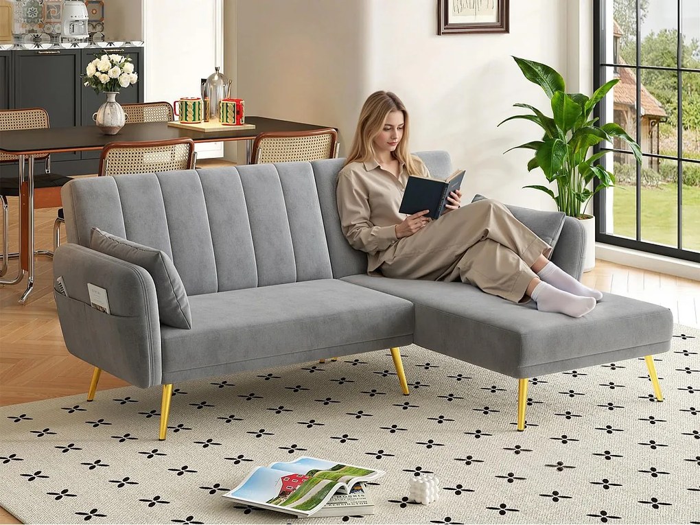 Nowoczesna narożna kanapa w kształcie litery L - 3-osobowa - składane oparcie - Welur - Szary