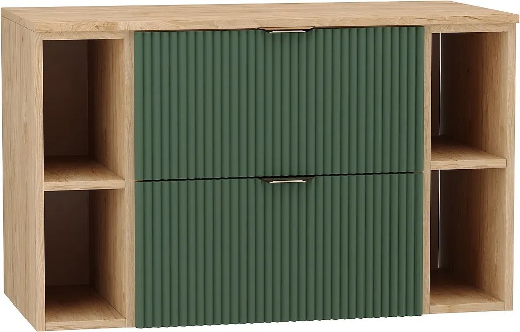 Zielony Zestaw Łazienkowy 100cm Szafka Blat Orzech Regały Orzech Ryflowane Fronty