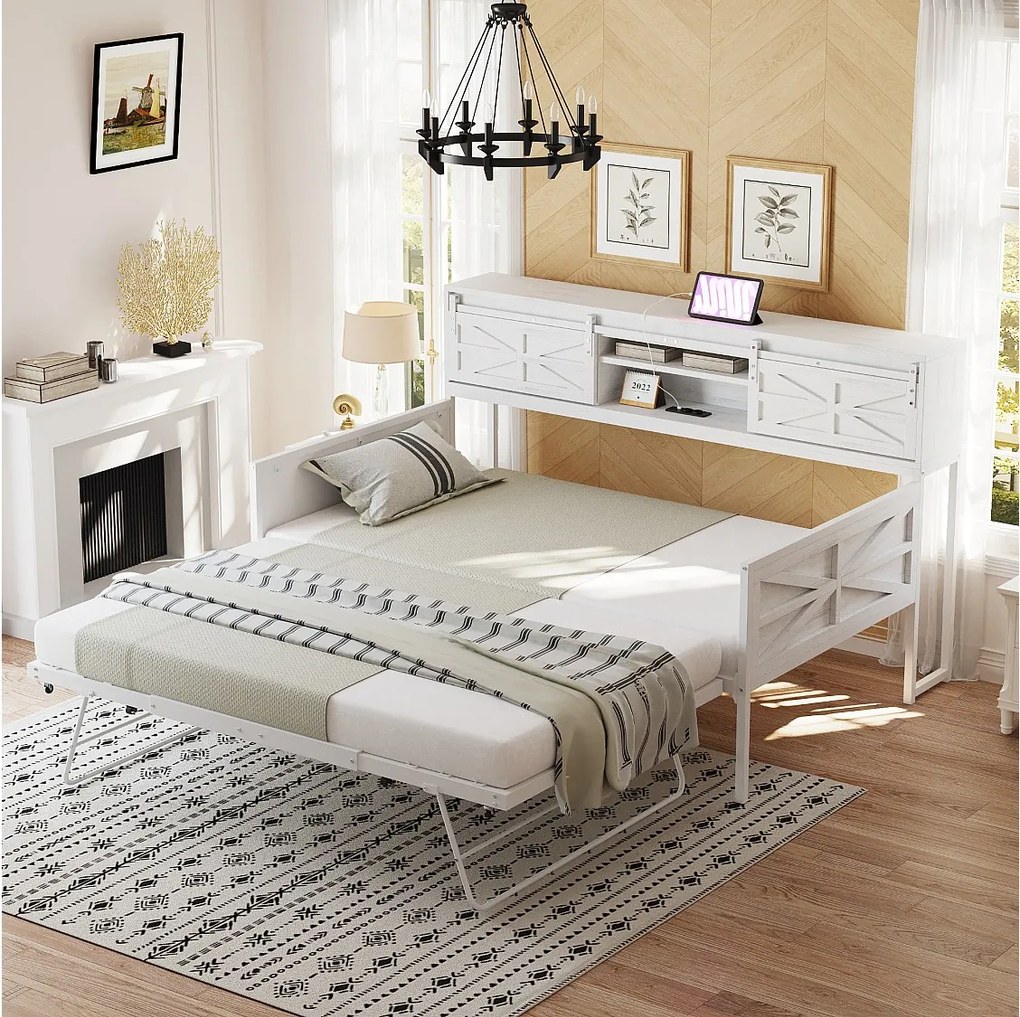 Łóżko dziecięce 90x200 cm / 90x190 cm - łóżko wysuwane z gniazdkiem wielofunkcyjnym i drzwiami przesuwnymi - białe