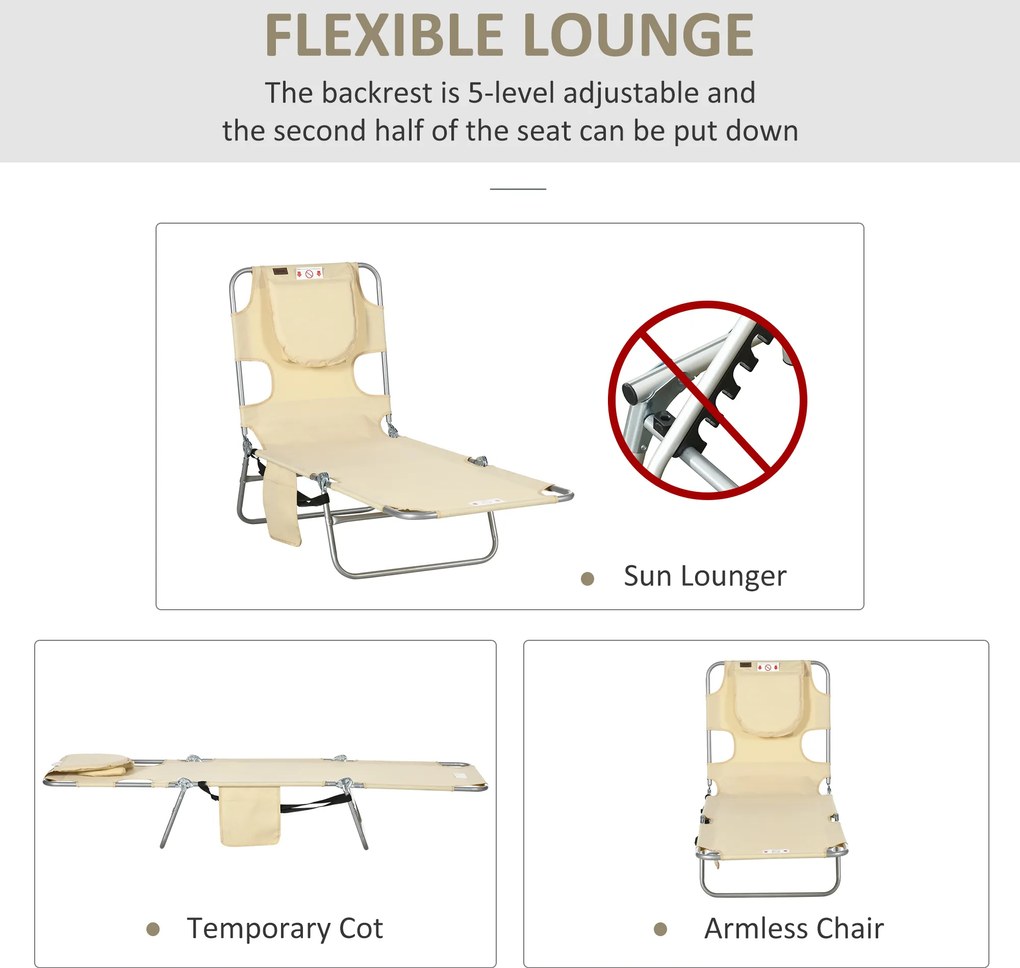 Outsunny Leżak ogrodowy, fotel z wyściełanym otworem na twarz, leżanka do masażu na zewnątrz, kieszeń boczna, tkanina, metal, Beżowy | Aosom PL