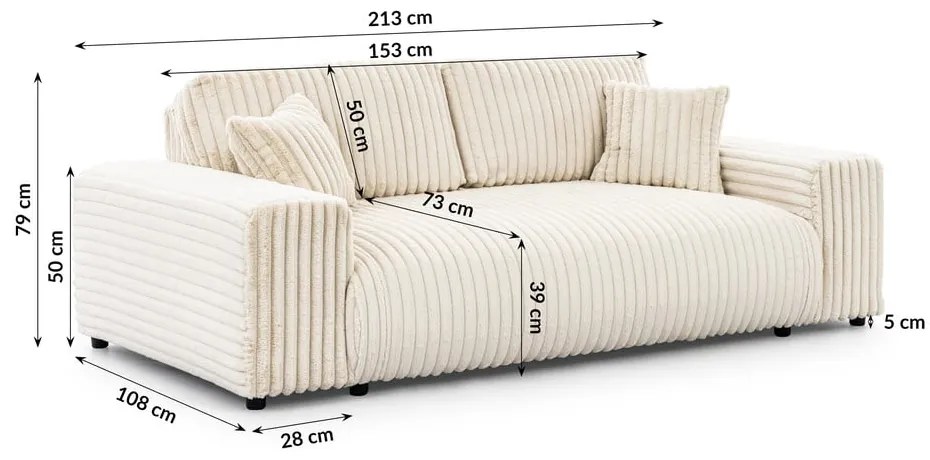 Kremowa sztruksowa sofa 213 cm Justin – Ropez