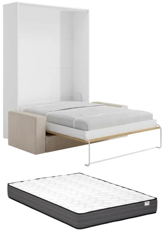 Łóżko chowane w szafie 160 x 200 cm - Ręczne otwieranie pionowe - Kolor: Naturalny i biały + Materac + kanapa - BEGANIO