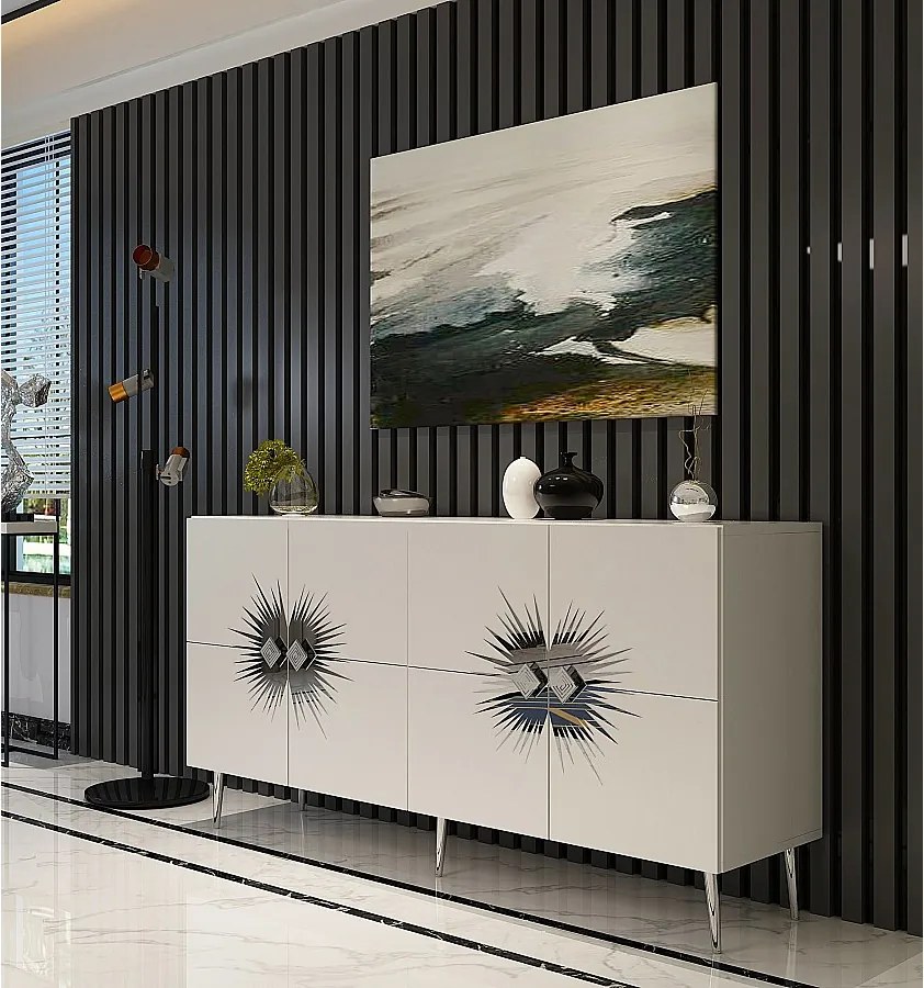 Komoda – 150 cm – Biało-srebrna – Płyta wiórowa pokryta melaminą