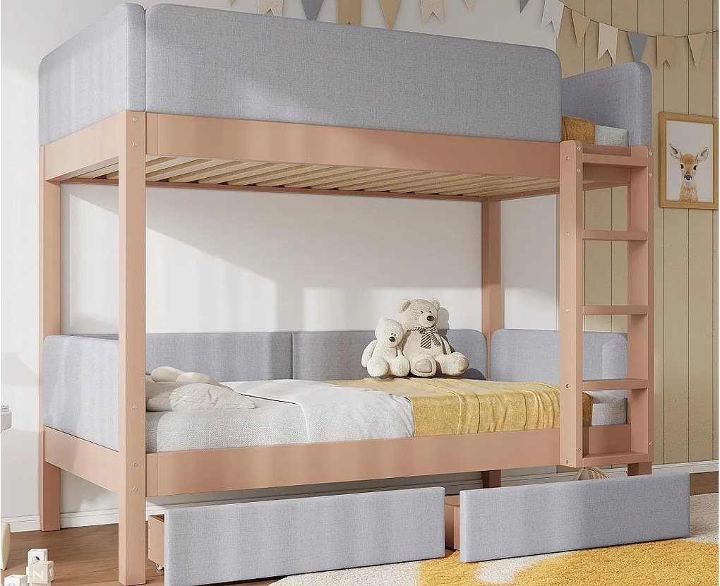 Tapicerowane łóżko piętrowe 90x200cm - z 2 szufladami - pianka antyurazowa - z 4-stopniową drabiną - drewno hevea + MDF - Naturalny+Szary​ (bez materaca)