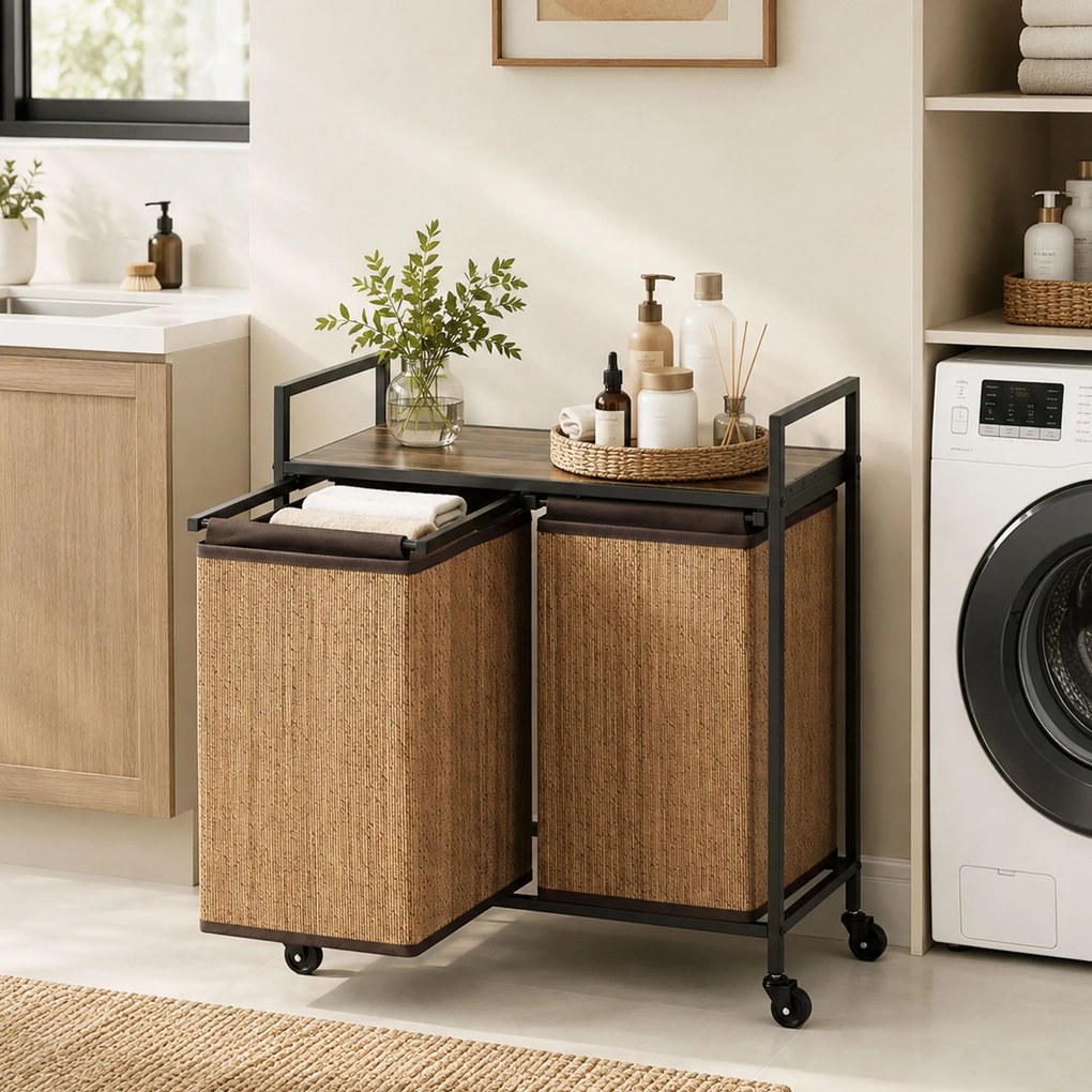 HOMCOM Kosz na pranie bambus 2 komory 120 l, pojemnik z półką, worek na pranie, na kółkach 73x33x78 cm, Brązowy | Aosom PL