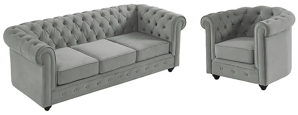 Kanapa 3-osobowa i fotel CHESTERFIELD - Jasnoszary welur