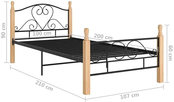 Rustykalne łóżko metalowe czarny + jasny dąb 100x200 cm B5-A97