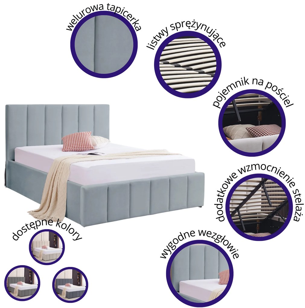 Łóżko Tapicerowane 140x200 Z MATERACEM, stelaż, pojemnik na pościel szary stalowy PRATO