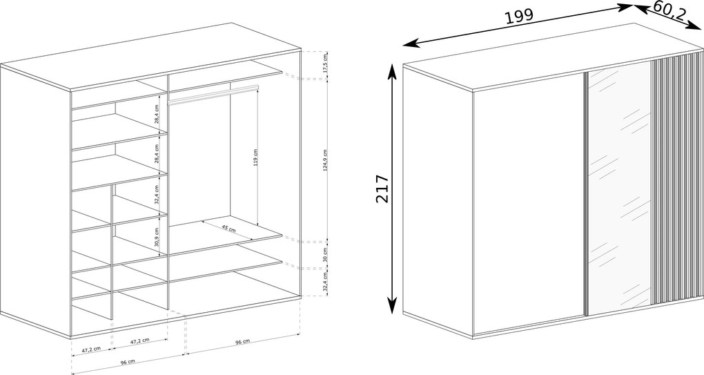 Szafa Przesuwna ALMERIA 199 cm z Lustrem Szafa Trzydrzwiowa Dąb artisan