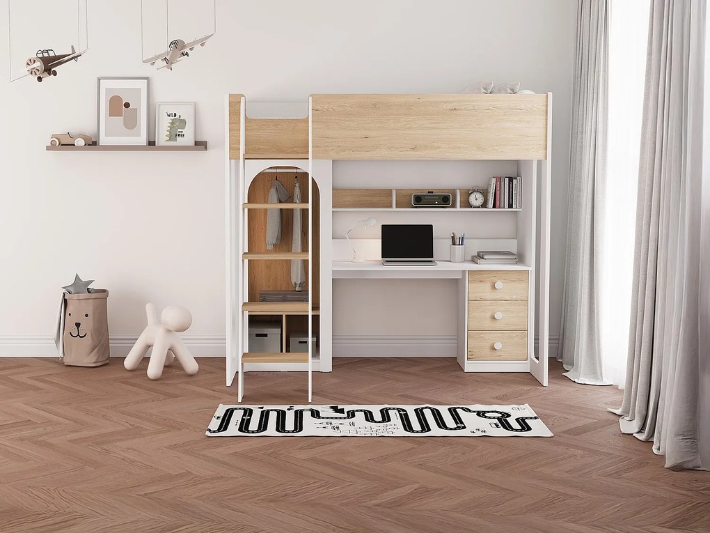 Łóżko antresola 90 x 190 cm z szafą i biurkiem - Kolor: Naturalny i biały - ALVENOU