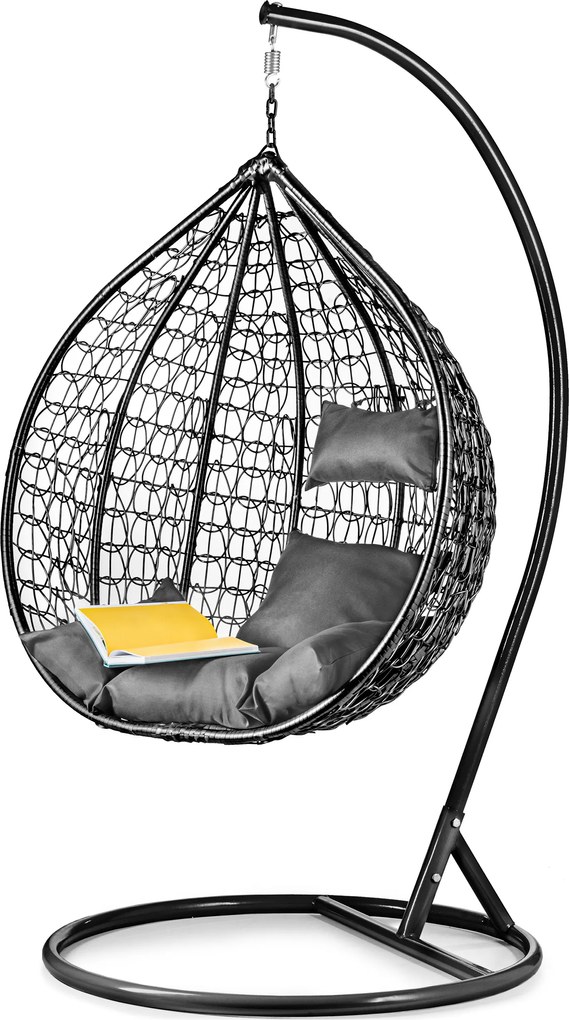 Czarne wiszące krzesło KOKON ze stojakiem, szara poduszka