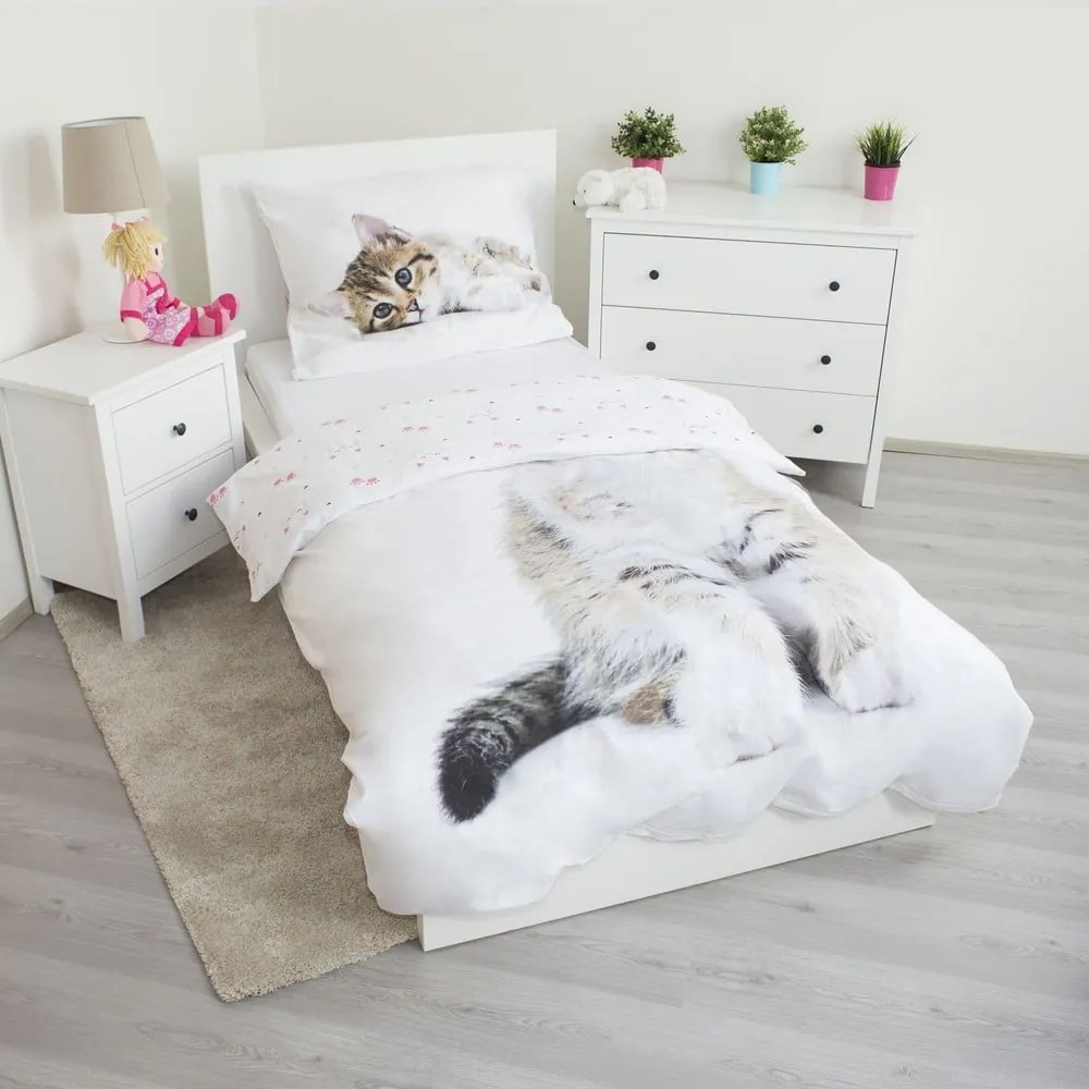 Biała bawełniana pościel dziecięca jednoosobowa 140x200 cm Kitten – Jerry Fabrics