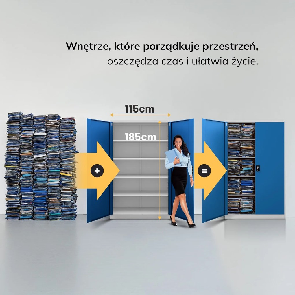 Szafa biurowa na akta szeroka Jan II 115x40x185 cm szary/niebieski