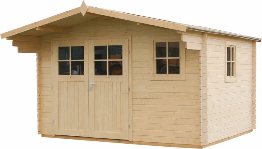 DREWNIANY DOMEK 390 x 416 cm OGRODOWY POWOJNIK ZE ŚWIERKU – SCHOWEK NA NARZĘDZIA Z 2 OKNAMI I ZADASZENIEM