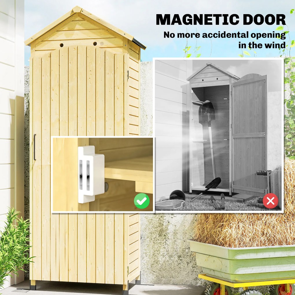 Outsunny Wysoki drewniany schowek na narzędzia z regulowanymi półkami, magnetycznymi drzwiami, galwanizowanym dachem i wentylacją | Aosom PL