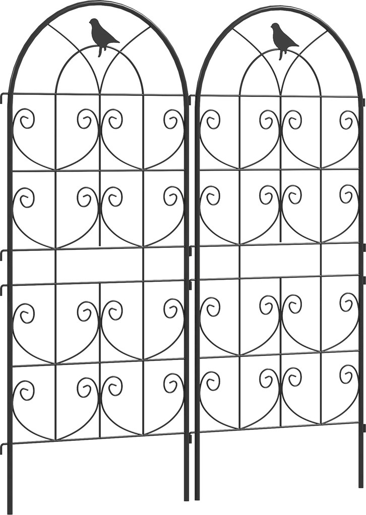 Metalowa Pergola Outsunny, Zestaw 2szt. do Wbijania, Odporna na Rdzę, z Motywem Ptaków na Rośliny Pnące 50x120 cm, Czarna