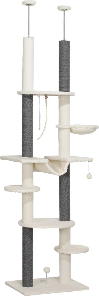 PawHut Drapak Sięgający Sufitu, Regulowany 225-255 cm, Platformy &amp; Hamaki, Zabezpieczenie Przed Przewróceniem, Biały