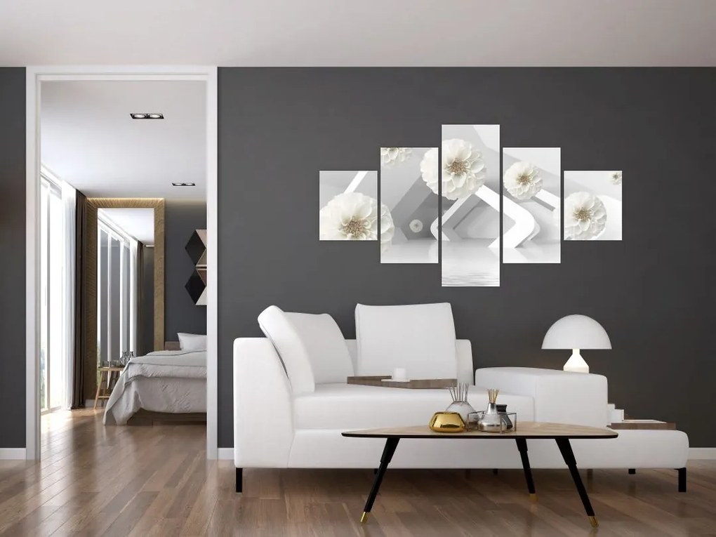 Abstrakcyjny obraz z białawymi kwiatami (125x70 cm)