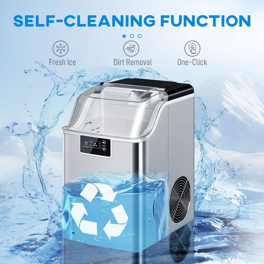 HOMCOM Kostkarka do lodu, dozownik kostek lodu, maszyna do lodu, 20 kg/24h kostkarka z 2,1 l zbiornikiem, Srebrny