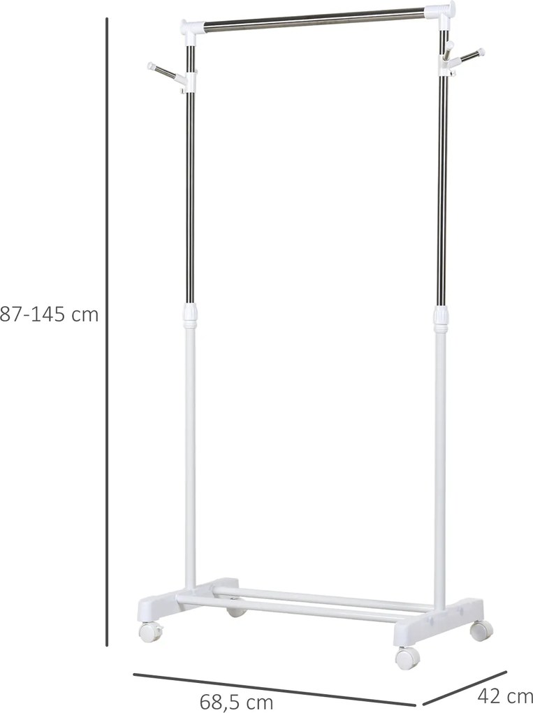HOMCOM Mobilny wieszak na ubrania z regulowaną wysokością, z dolną półką, 4 koła, Biały