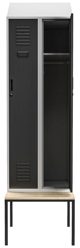 Szafka pracownicza ubraniowa wąska z ławką i daszkiem szaro-antracytowa, 600x2295x850 mm: KACPER II PRO