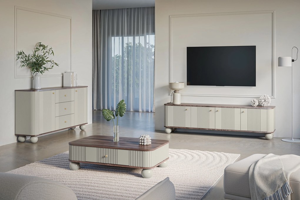 Stolik kawowy Vesper 103x60 cm z szufladą - kaszmir / orzech / złote uchwyty / nogi kule