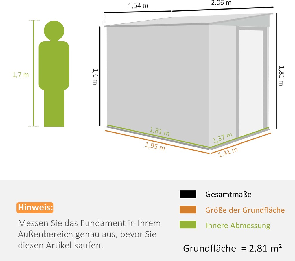 Outsunny Metalowy domek narzędziowy 2,81m² 154x206,5x181 cm domek z dachem jednospadowym fundament