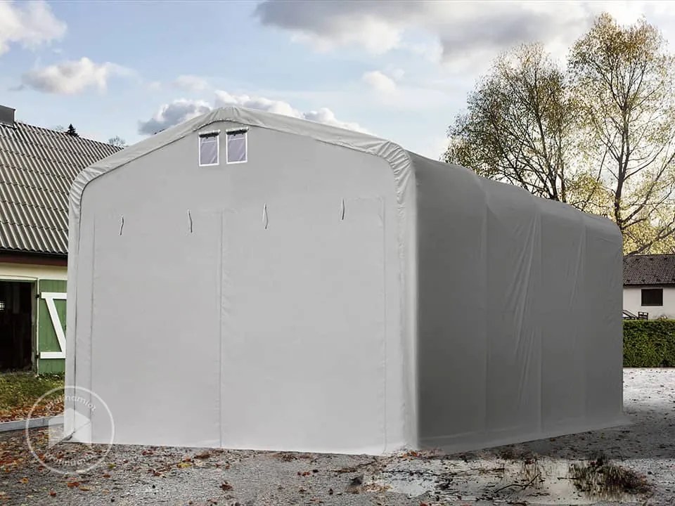 TOOLPORT 5x8m Namiot garażowy - 2,6 m wysokość ścian bocznych z 4,1x2,5m brama, PVC 850, szary, ze statyką (podłoże gruntowe) - (99402)