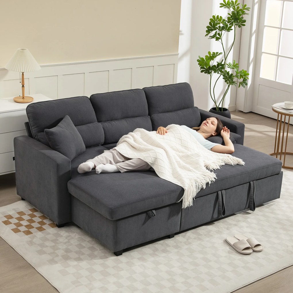 HOMCOM Regulowana sofa rozkładana w kształcie L, narożna sofa dla gości z funkcją łóżka, schowkiem, poduszkami, do salonu, pokoju gościnnego, szara