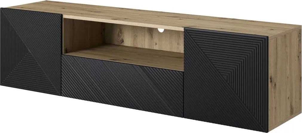 Szafka RTV Asha 167 cm wisząca z szufladą i wnęką - artisan / czarny mat