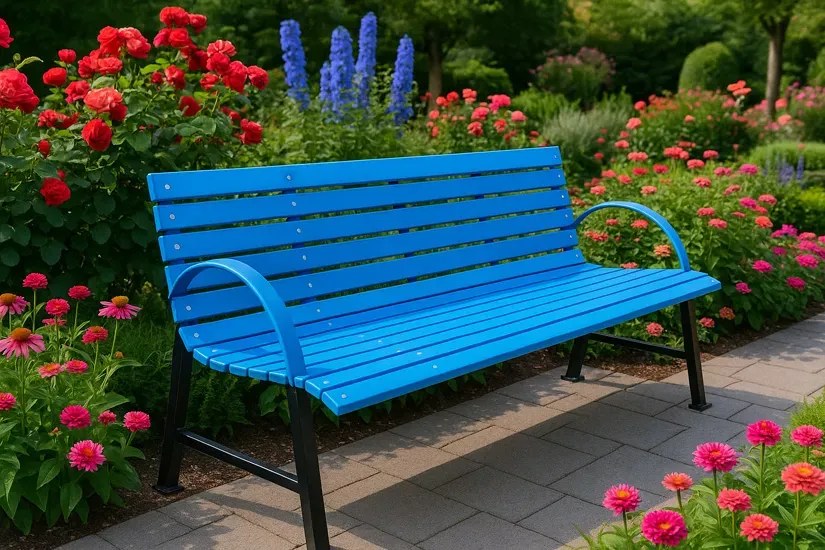 Niebieska ławka ogrodowa z podłokietnikami 120 cm F8-N25