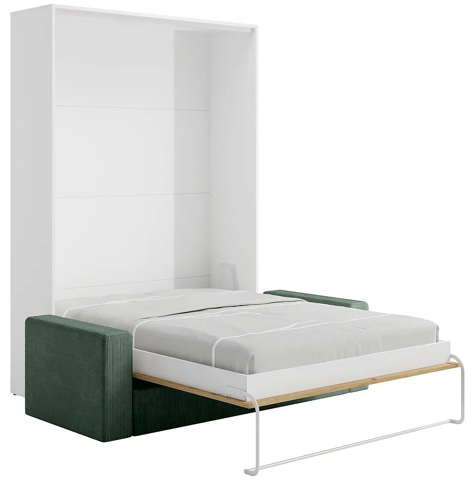 Łóżko chowane szafie 140 x 200 cm - Otwierane pionowo ręcznie - Kolor: Naturalny i biały + Materac + Zielona kanapa - BEGANIO