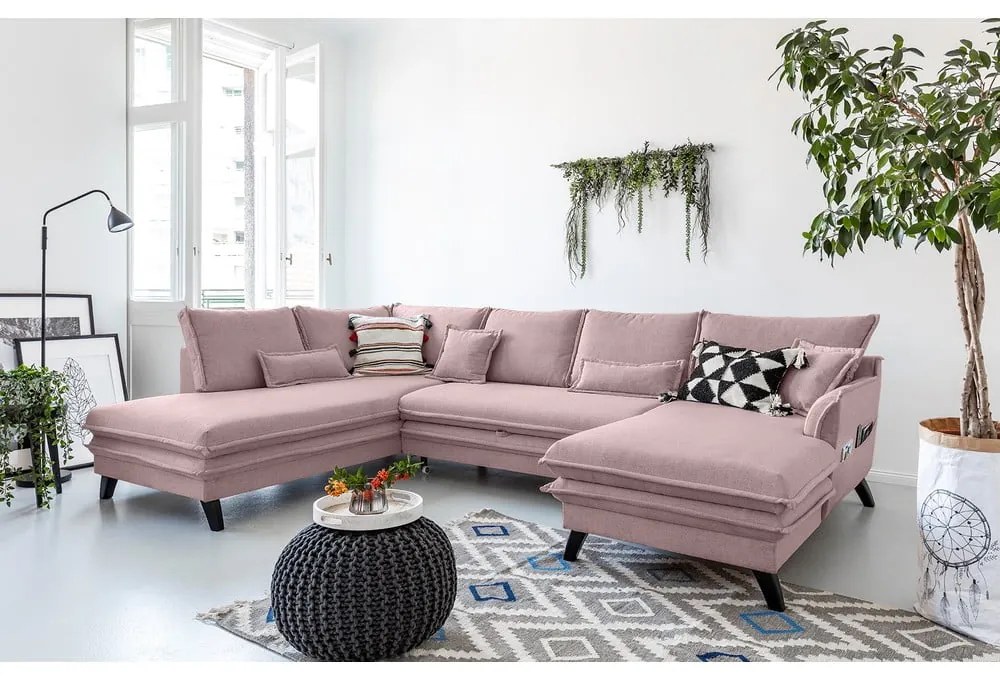 Pudroworóżowa rozkładana sofa w kształcie litery "U" Miuform Charming Charlie, lewostronna