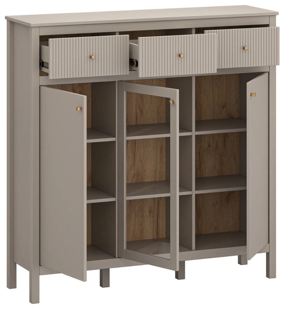Komoda Przeszklona z Szufladami SELVIO 134 cm Taupe Ryflowana Nowoczesna
