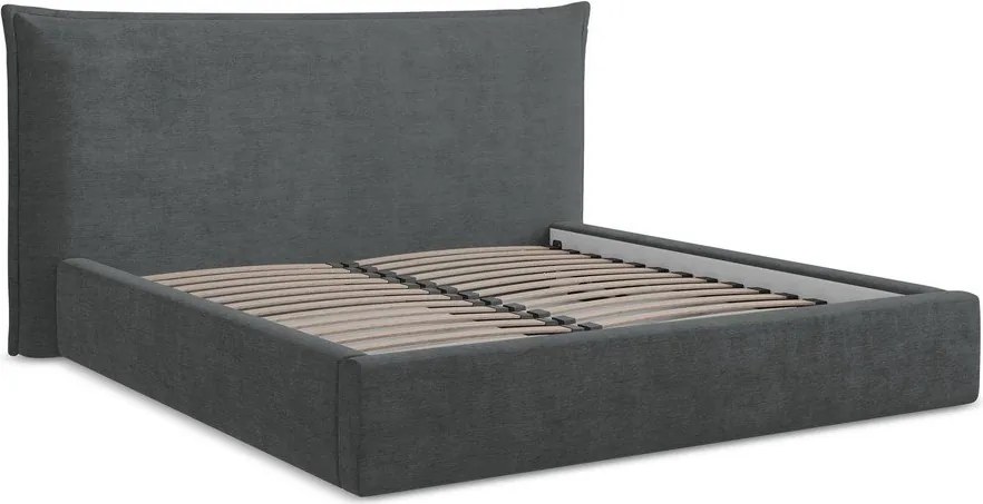 Ciemnoszare tapicerowane łóżko dwuosobowe ze schowkiem i stelażem 180x200 cm Esala – Makamii