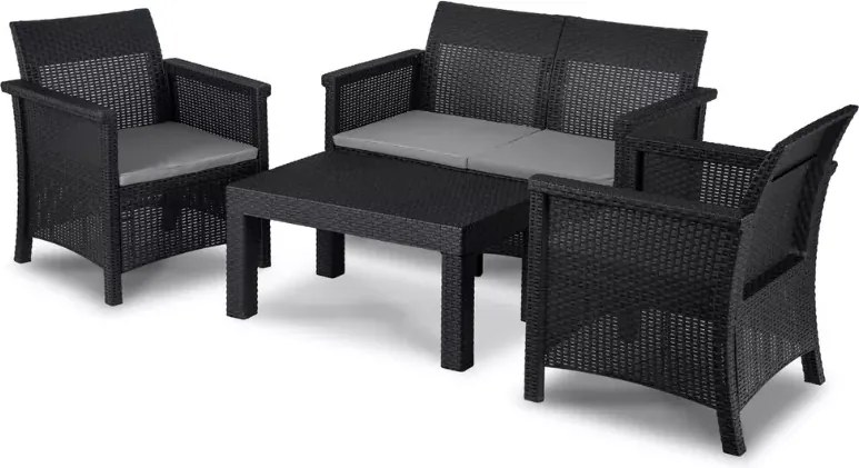 Zestaw mebli ogrodowych Amilio czarny technorattan sofa 2 fotele stolik taras balkon ogród