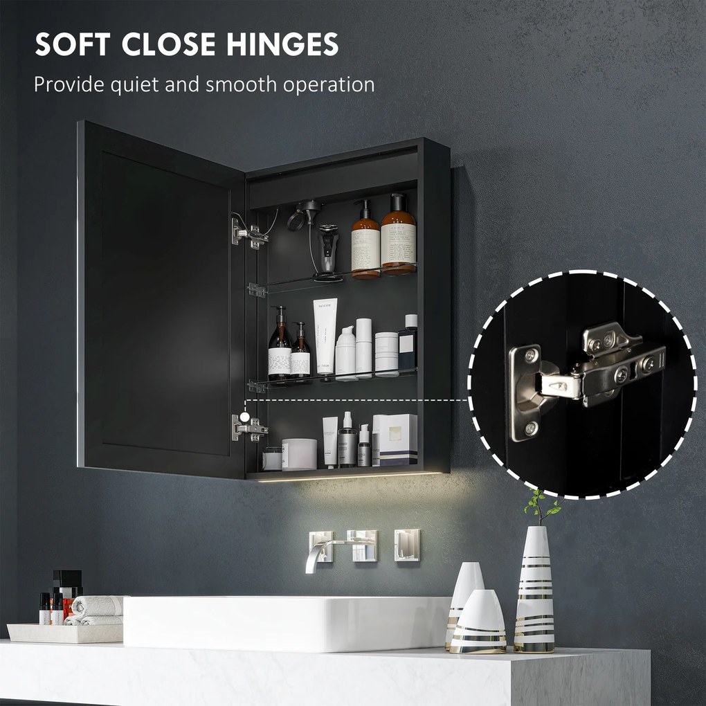 HOMCOM Szafka łazienkowa z lustrem LED, 50 x 70 cm, ściemnialna, przeciwmgielna, Czarna