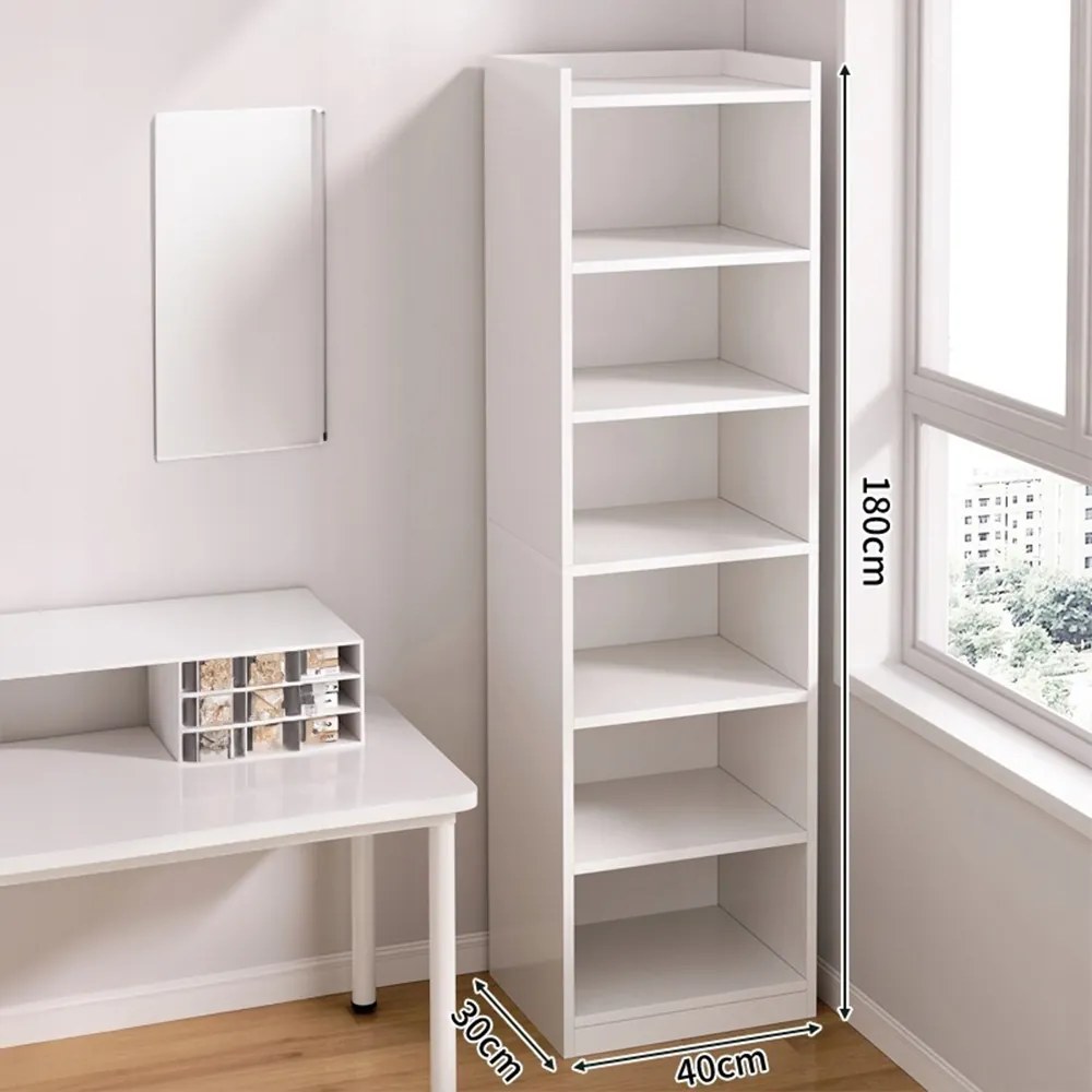 Biała szafka z 7 półkami – 180 x 40 x 30 cm – pionowy stojak na książki, styl minimalistyczny