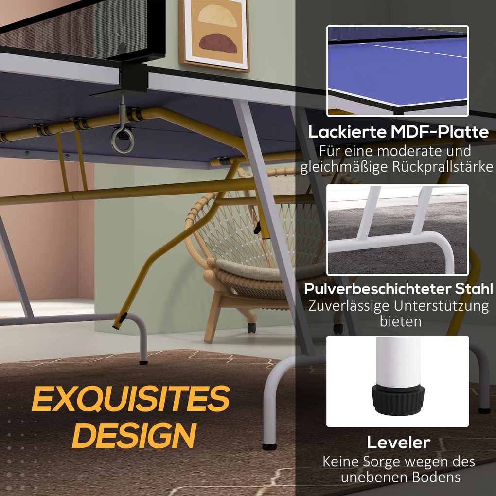 SPORTNOW Stół tenisowy składany z akcesoriami rakietki piłki siatka niebieski 274x152x76 cm | Aosom PL