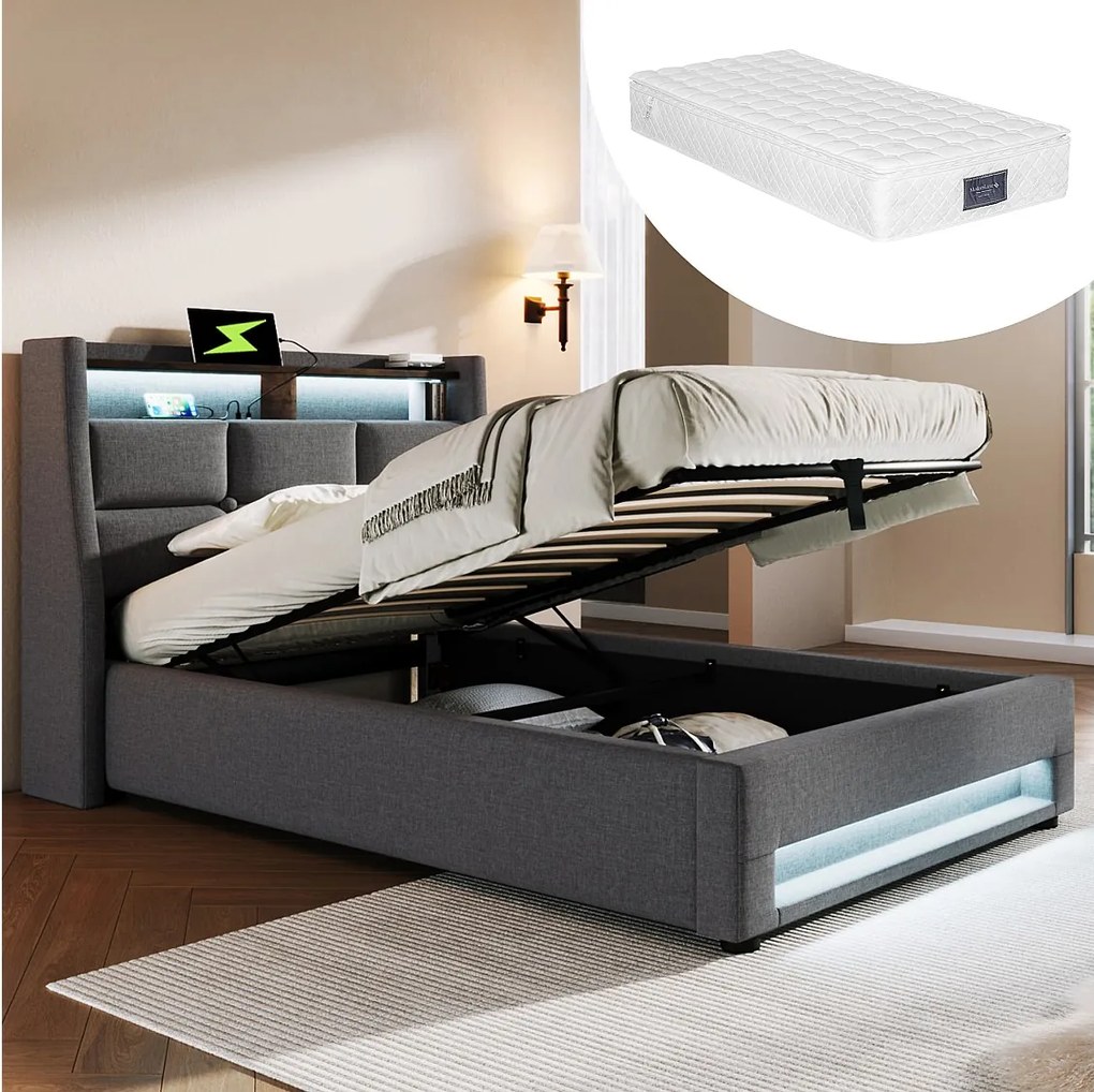 Łóżko tapicerowane z pojemnikiem dla młodzieży - 90 x 200 cm - Materac + LEDy + Zagłówek z USB - Tkanina lniana - szary