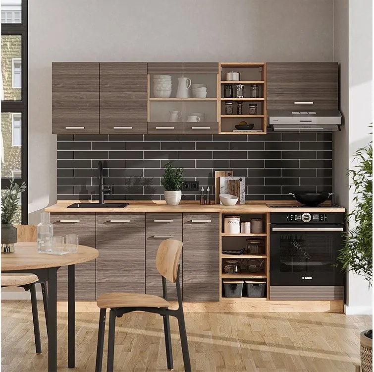 Zabudowa kuchenna szlachetny szary/złoty dąb 240x46x81.6 r-line