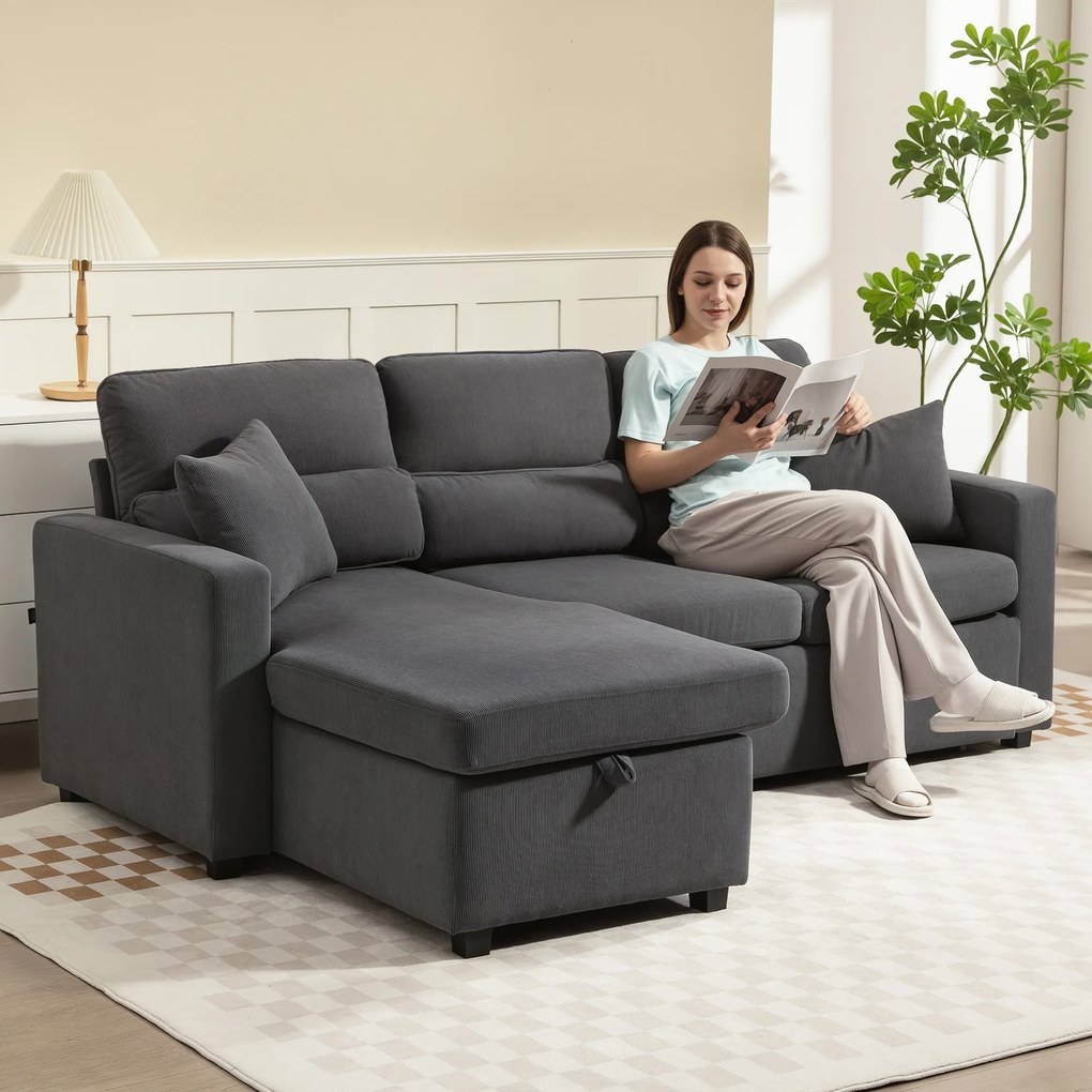 HOMCOM Regulowana sofa rozkładana w kształcie L, narożna sofa dla gości z funkcją łóżka, schowkiem, poduszkami, do salonu, pokoju gościnnego, szara