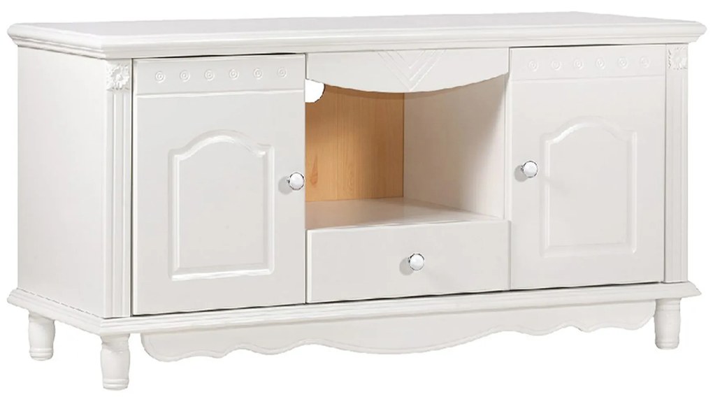 Stylowa biała szafka pod telewizor Christiana, wymiary 120x58x63 cm. Szafka rtv ma ozdobne fronty, 2 szafki, szufladkę, półkę. Białe meble w angielskim stylu.