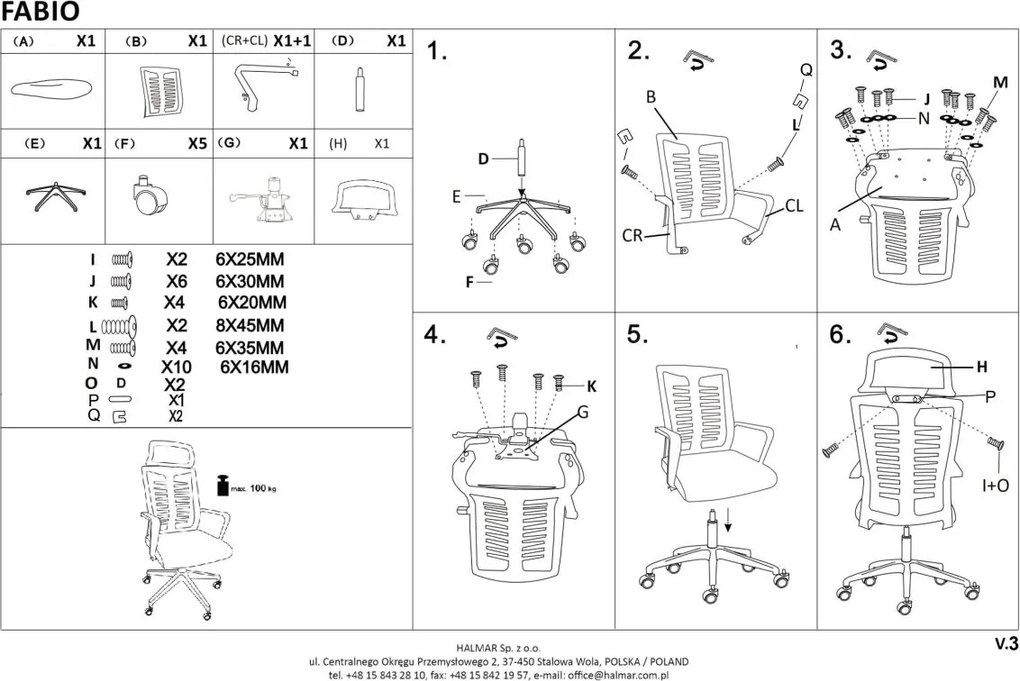 Obrotowe krzesło Fabio z oparciem i zagłówkiem z siatki