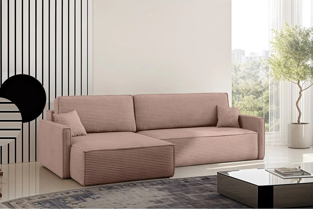 Narożnik z funkcją spania i pojemnikiem w kształcie L Carlos, tkanina Poso, Różowy, Lewy