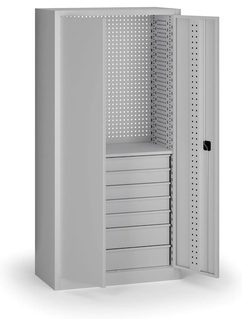 Szafa warsztatowa, 1 półka + 7 szuflad, 1950 × 950 × 500 mm, szare drzwi