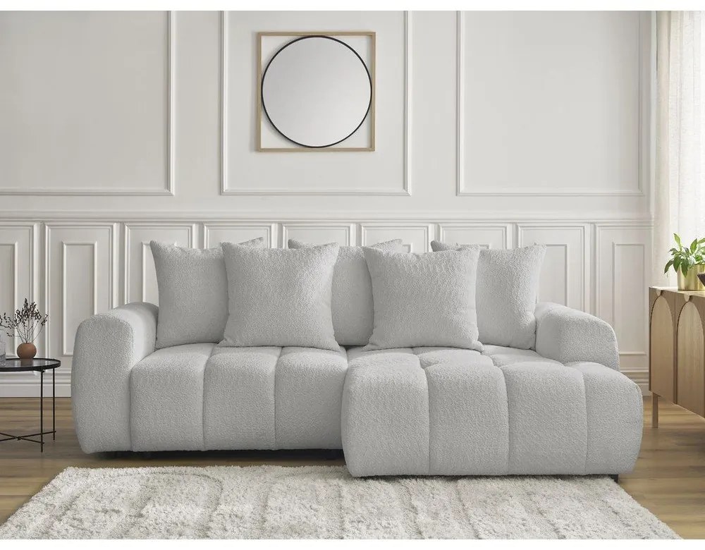 Jasnoszary rozkładany narożnik z materiału bouclé ze schowkiem (prawostronny/z szezlongiem) Roxelane – Bobochic Paris