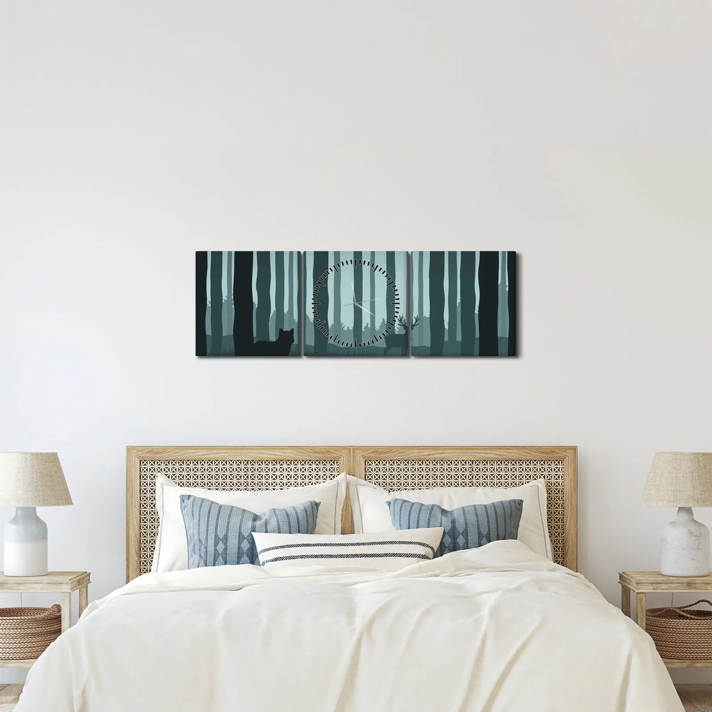 Obraz - Jeleń z wilkiem w skałach (z zegarem) (90x30 cm)