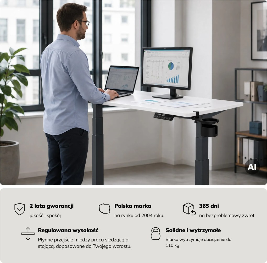 Biurko elektryczne z regulacją wysokości ergonomiczne antracytowo-białe, 1200x600 mm: ARIA