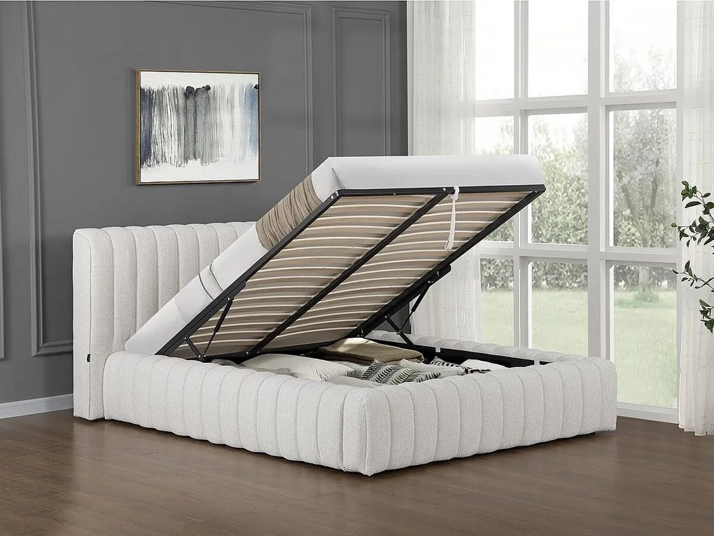 Podwójne łóżko tapicerowane z pojemnikiem "Tignes" - 140 x 190 cm - Beżowy, Nowoczesny i Praktyczny